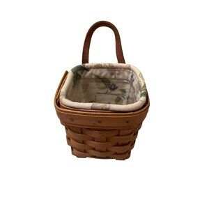 Longaberger 1996 Handwoven Hanging Basket With Floral Liner & Leather Handle